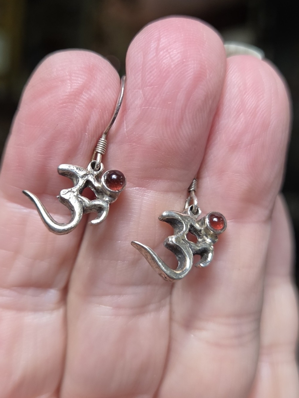 Sterling Silver OM Drop Earrings with Red Garnet Accent - Picture 4 of 5
